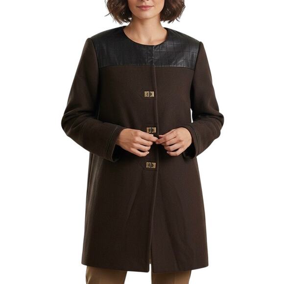 Etcetera Leather Trim Long Coat Jacket Turnlock Closure Brown Size 6 - Picture 1 of 10